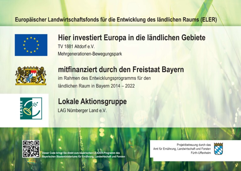Hinweistafel: Europäischer Landwirtschaftsfonds für die Entwicklung des ländlichen Raums (ELER). Hier investiert Europa in die ländlichen Gebiete – TV 1881 Altdorf e.V., Mehrgenerationen-Bewegungspark. Mitfinanziert durch den Freistaat Bayern. Lokale Aktionsgruppe LAG Nürnberger Land e.V.